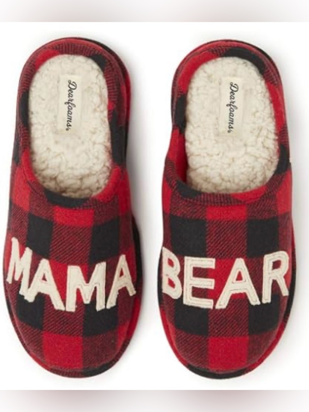 Dearfoams women’s mama bear buffalo plaid red black slippers fuzzy size 9-10 new